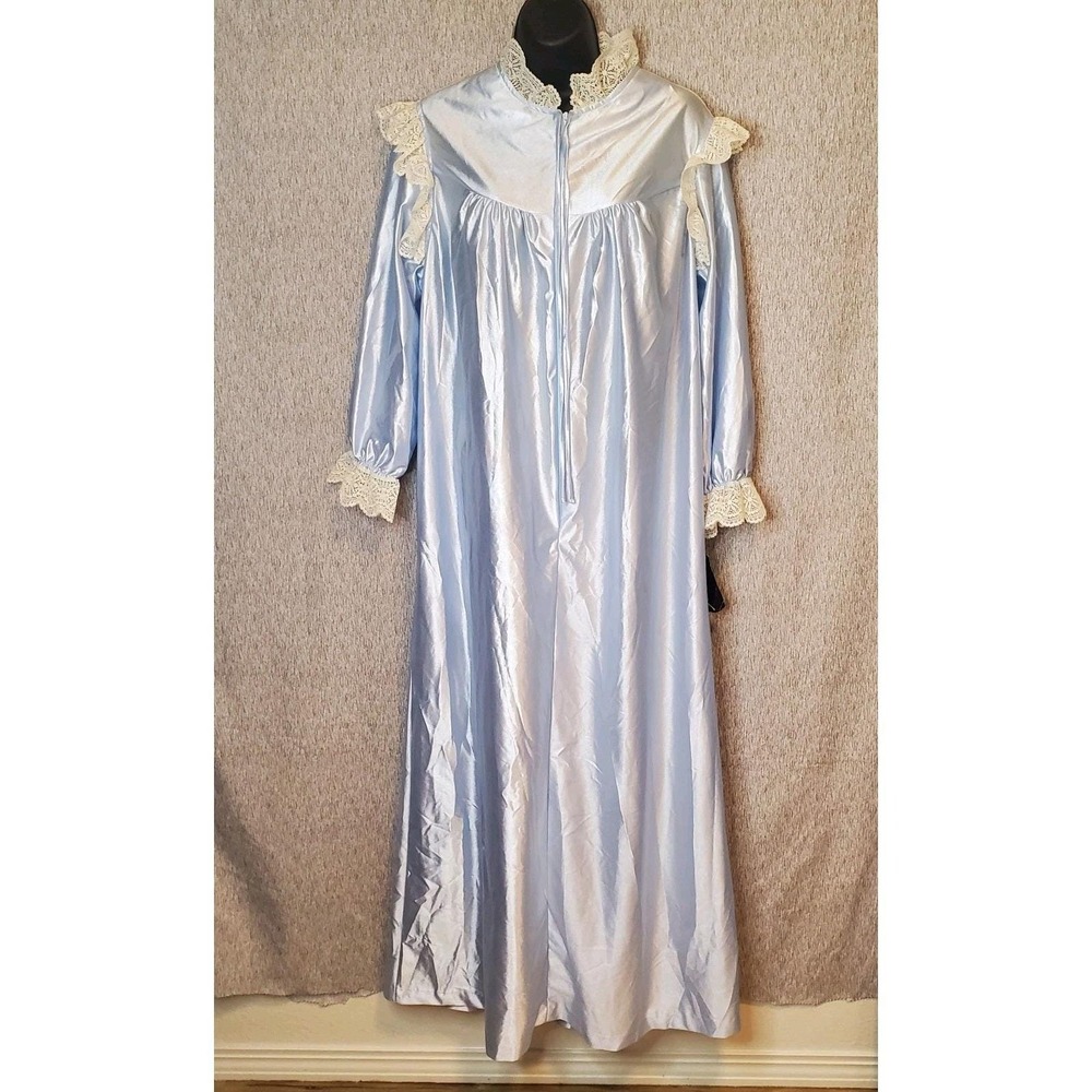 NOS Vintage Monte Carlo Baby Blue M Nightgown Front Zip Housecoat Lace Ruffle